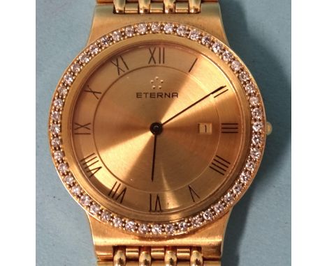 Eterna, a gentleman's 18ct gold Amphitheatre wrist watch, the gold dial with Roman numerals and date aperture, signed Eterna 