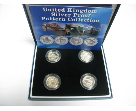 A Royal Mint United Kingdom Silver Proof Pattern Collection, comprising of One Pound coins (Pattern), The Forth Bridge, The T