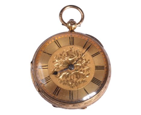 A Victorian 18ct gold pocket watch, London 1882, bright-cut decoration to the case, with engine-turning and a monogram, gilt 