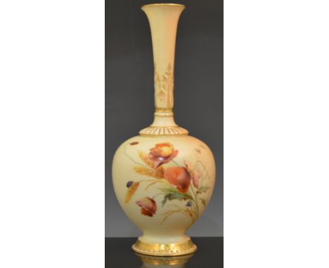 A Royal Worcester bottle vase, dated mark for 1903, painted with poppies, other wild flowers, wheat and a beetle on a blush g