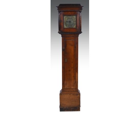 An oak longcase clock, square brass dial signed JOHN WILKINS, single hand, cast mask head, scroll and bird spandrels, thirty 