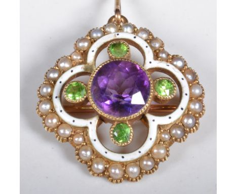 A yellow metal Suffragette brooch, Milgrain set with amethyst to centre, surrounded by four demantoid garnets, enamelled quat