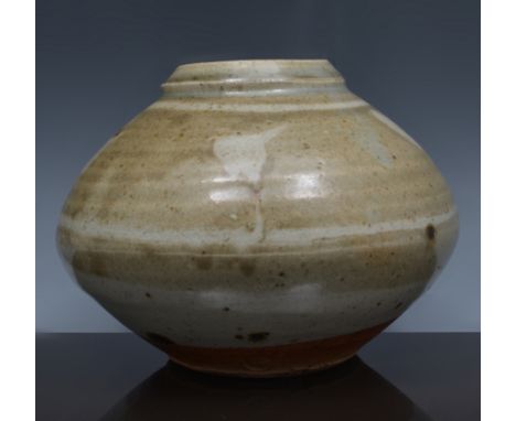 A Bernard Leach vase, circa 1960, stoneware, speckled cream ground with pale olive banding to the shoulder, impressed 'BL' an