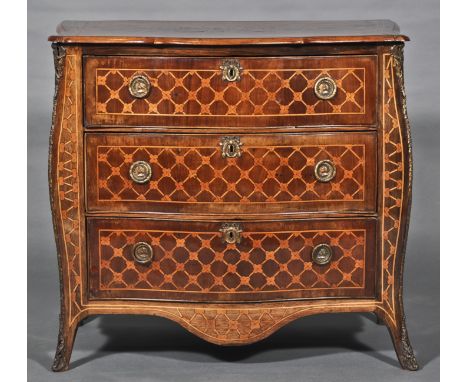 A Louis XV style mahogany and marquetry serpentine commode, perhaps Dutch, late 18th Century, shaped and moulded outline, the