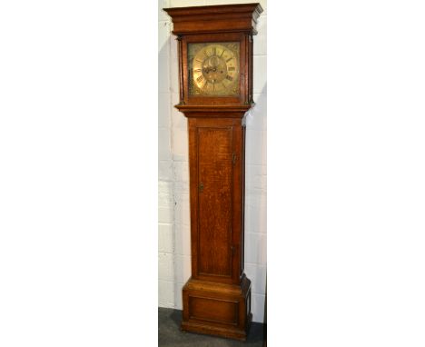 An oak longcase clock, square brass dial, signed George Clinch, London, silvered chapter ring, subsidiary second dial, blind 