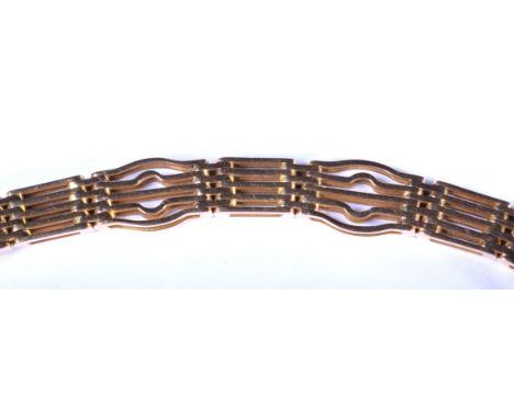 A yellow metal five bar gate-link bracelet, 10mm wide, with tongue snap fastener, stamped 15, 18grms.