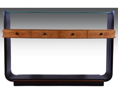 A stylish Art Deco serving table, with plate glass shelf above a glass-topped shelf of four drawers with ebonised pulls, supp