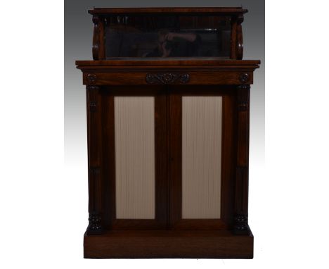 A Regency rosewood chiffonier, shelf back with a three quarter gallery, supported by volute scrolls, mirrored panelled back, 