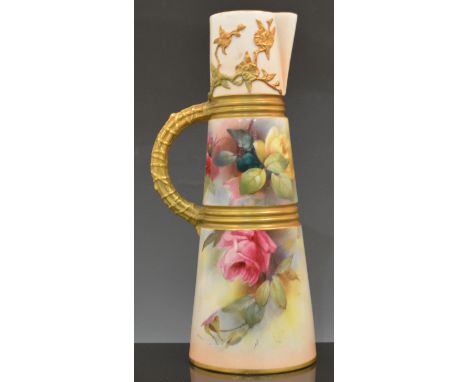 A Royal Worcester claret jug, dated mark for 1910, tapering cylindrical form with reeded bands and moulded blossom, painted w