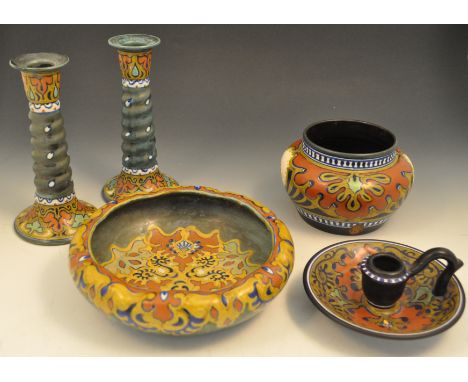 Five items of Gouda pottery, circa 1925, including a "Rhodian" design inverted bowl, diameter 21cm, vase 9.5cm high, and cham