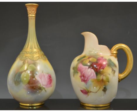 A Royal Worcester jug, date mark probably 1891, of bulbous form with a dimple by the handle, painted with roses by Ethel Spil