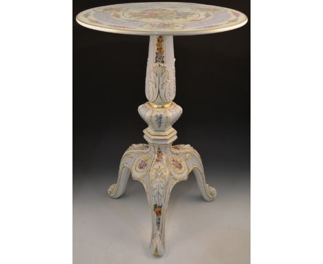 A German porcelain pedestal table, VEB Porcelain Works, Plaue, late 20th Century, circular top, painted with floral sprays an