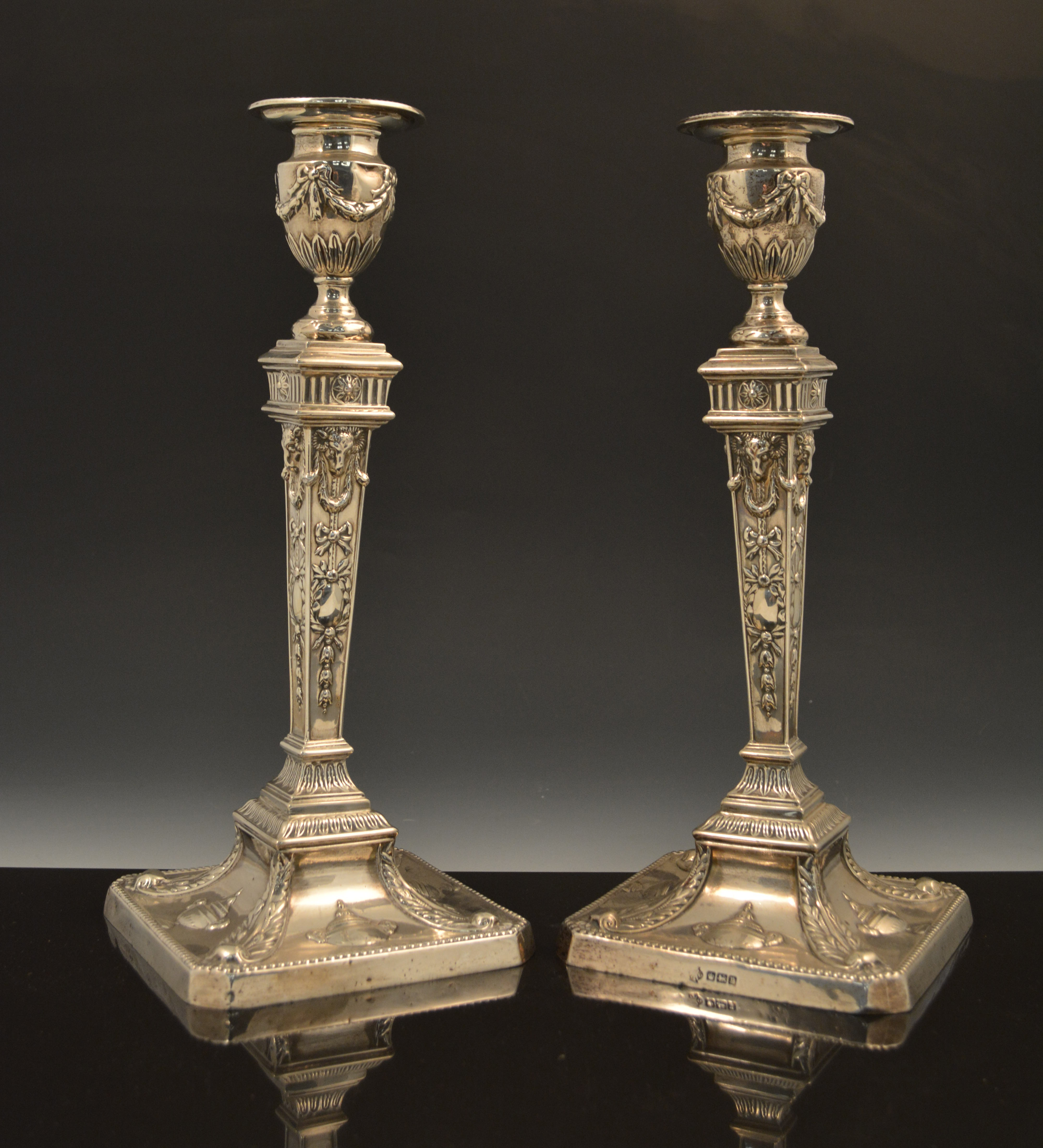 A pair of silver candlesticks, in the style of Robert Adam, by William ...