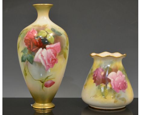 A Royal Worcester near ovoid vase, date mark for 1910, painted decoration of roses by Albert Lane, shaded ground, pattern num