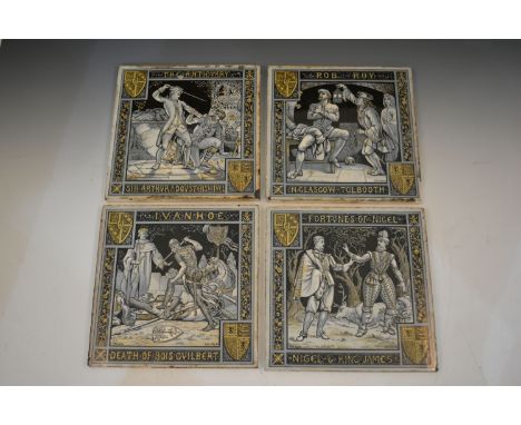 A group of six Minton tiles, designed by John Moyr Smith, circa 1890, "Waverley" series, including 'Guy Mannering', 'Ivan Hoe