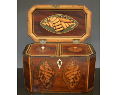 A George III mahogany marquetry tea caddy, rectangular shape with canted corners, with crossbanding, stringing and shell marq