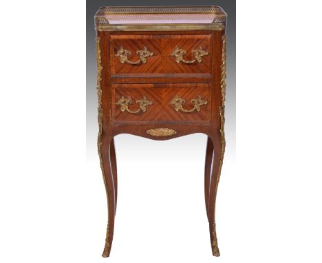 A Louis XV style mahogany and parquetry petit commode, 20th Century, brass three quarter gallery, fitted with two drawers, gi