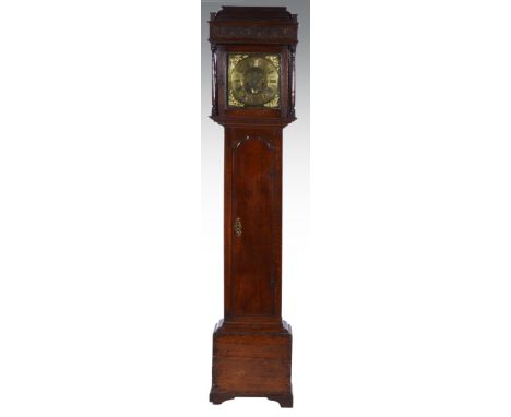 An oak longcase clock, square brass dial, signed Tho. Bridge, with dummy date aperture, cast appliques to the spandrels, eigh