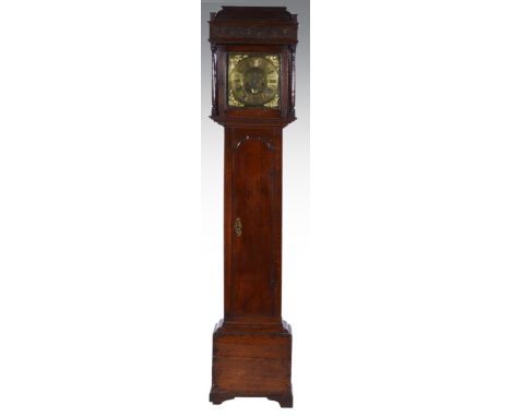 An oak longcase clock, square brass dial, signed Tho. Bridge, with dummy date aperture, cast appliques to the spandrels, eigh