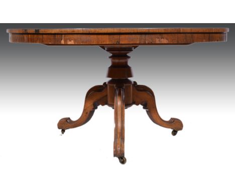 A Victorian rosewood pedestal breakfast table, circular tilt-top, ringed column on moulded and shaped tripod legs, diameter 1