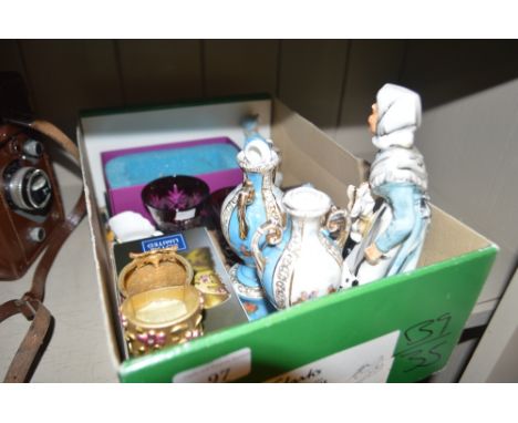 A pair of miniature Austrian china twin handed vases and covers; together with two ruby glass glasses, shoe ornaments and var