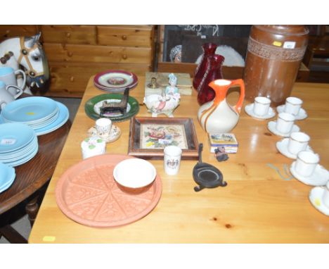 A Victorian floral decorated tile; an onyx box; a pair of ruby glass vases; an Art Deco jug etc.