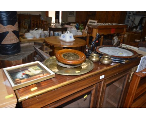 A wooden and glass top twin handled tray; a hand painted tile; a brass tray; two small Eastern brass pots etc