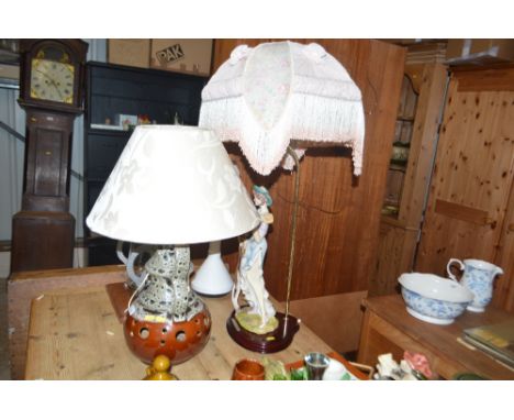 A large pottery table lamp and shade; and one other table lamp "The Victorian Collection"