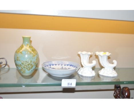 A pair of small Royal Worcester Cornucopia vases; together with a 19th Century Chinese blue and white saucer dish; and a smal