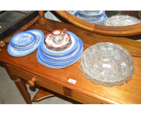 A quantity of Copeland Spode plates in the old willow pattern; together with glass plates etc.