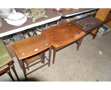 A nest of three oak occasional tables; a walnut topped table; and an oak and cane stool AF