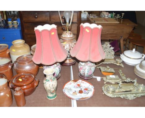 A pair of Canton style tables lamps and shades; a Chinese pattern glazed vase; one other table lamp and an oriental plate