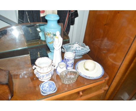 A quantity of various china to include a Spode white glazed figure group; a Victorian blue glass vase; two 19th Century cream