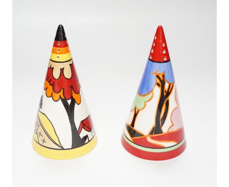 Six Wedgwood Clarice Cliff Bizarre pattern sugar shakers - Blue Autumn and House &amp; Bridge, limited edition with boxes and