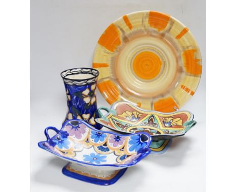 Art Deco ceramics, including two Carltonware dishes, a Shelley plate, and a vase, plate 36cm diameter