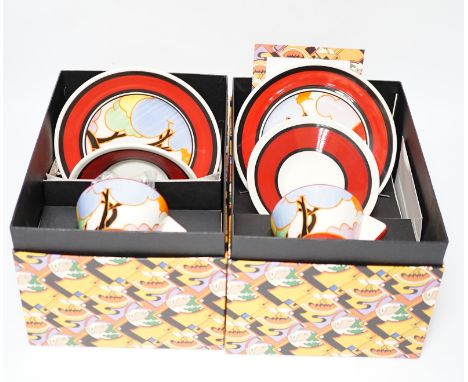 Two Wedgwood Clarice Cliff limited edition Blue Autumn trios with boxes and certificates,