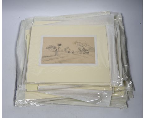 Twenty-three 19th century and later pencil, ink and watercolour sketches, Landscapes and architectural designs, including exa