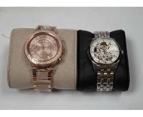 A lady's modern gilt steel and simulated diamond set Michael Kors chronograph quartz watch, with box and pamphlet and a gentl