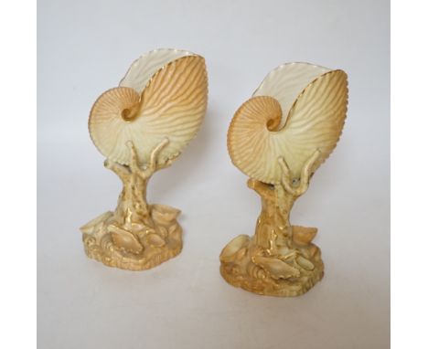 A pair of Royal Worcester blush ivory nautilus shell spill vases, 17cm