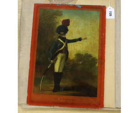 After Henry Bunbury (1750-1811), reverse painted print on glass, Light Cavalry Horseman, publ. London 30th July 1791 by Thoma