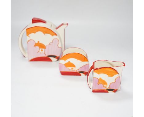 A Wedgwood Bizarre by Clarice Cliff Blue Autumn Stamford tea set, limited edition with box and certificate, largest 12cm high