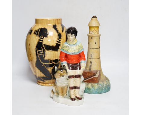 A collection of four pottery novelty lamp bases, a plastic lamp and a plaster light house lamp, (6), tallest 28cm high