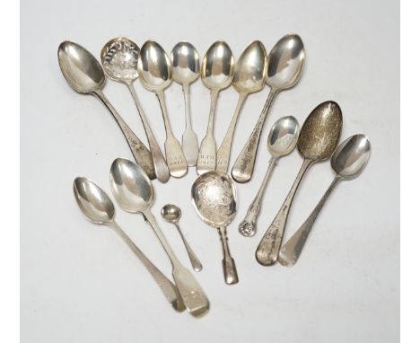 A quantity of assorted 18th century and later flatware, mainly teaspoons including a set of six base mark teaspoons, caddy sp