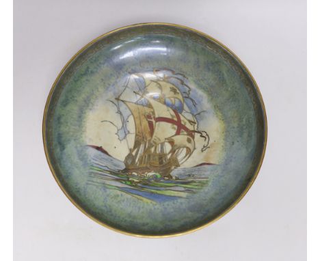 A large Royal Worcester Crownware lustre pedestal bowl with galleon design, 28.5cm diameter