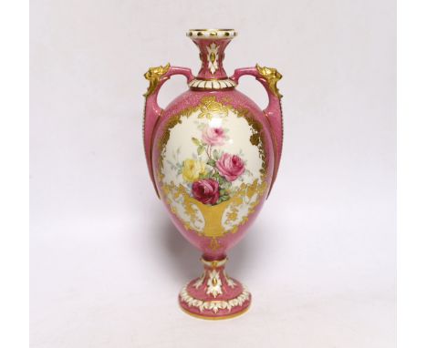 A Royal Worcester pink ground rose painted vase, signed Sedgley, 23.5cm