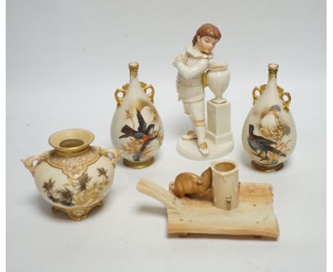 A group of five late 19th century Worcester ceramics, to include figure of a boy, a chamberstick formed as a mouse and candle