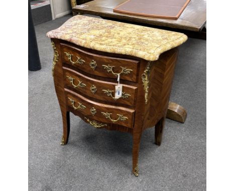 A Louis XV style gilt metal mounted marble topped serpentine petite commode, width 65cm, depth 34cm, height 74cm