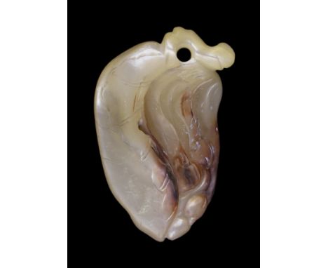 * * A Japanese mother of pearl netsuke of a leaf and berries, ridden by a bat and a spider, Meiji period, unsigned, 6cmPlease