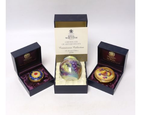 A modern boxed limited edition Moorcroft enamel vase, together with two Royal Worcester boxed porcelain boxes (3)