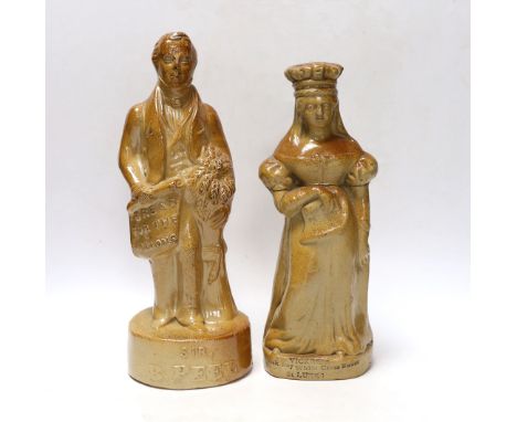 Two Victorian salt glaze spirit flasks, probably Lambeth, the first commemorating the repeal of the Corn Laws in 1846, modell